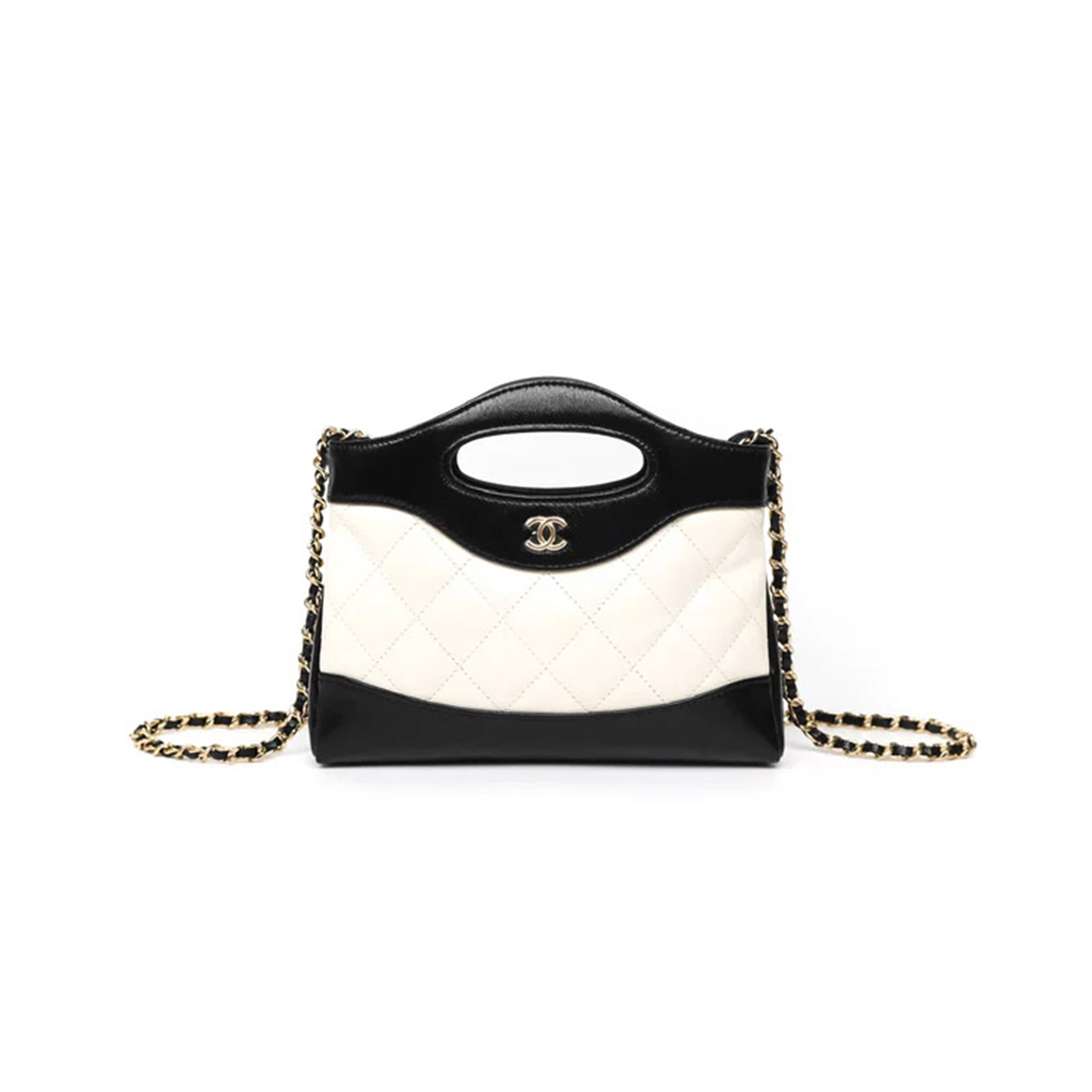CHANEL NANO 31 WHITE BLACK SHINY LAMBSKIN GOLD HARDWARE (20*17*4cm)